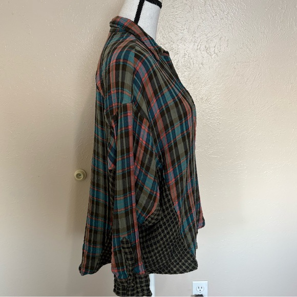 Free People One Of The Guys Green Plaid Cotton Button Down Shirt Oversized Boho - Picture 3 of 10
